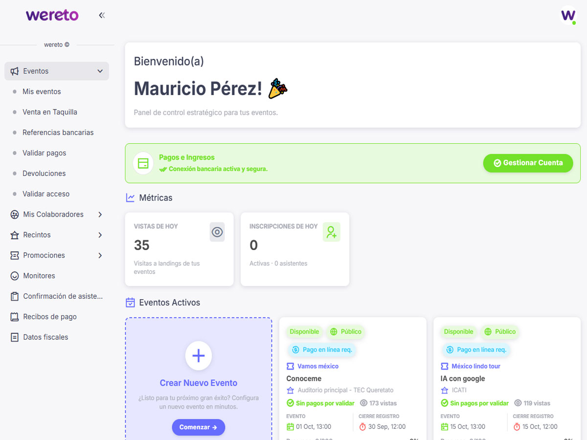Panel de organizador de wereto con métricas de vistas e inscripciones del día y tarjetas de eventos activos